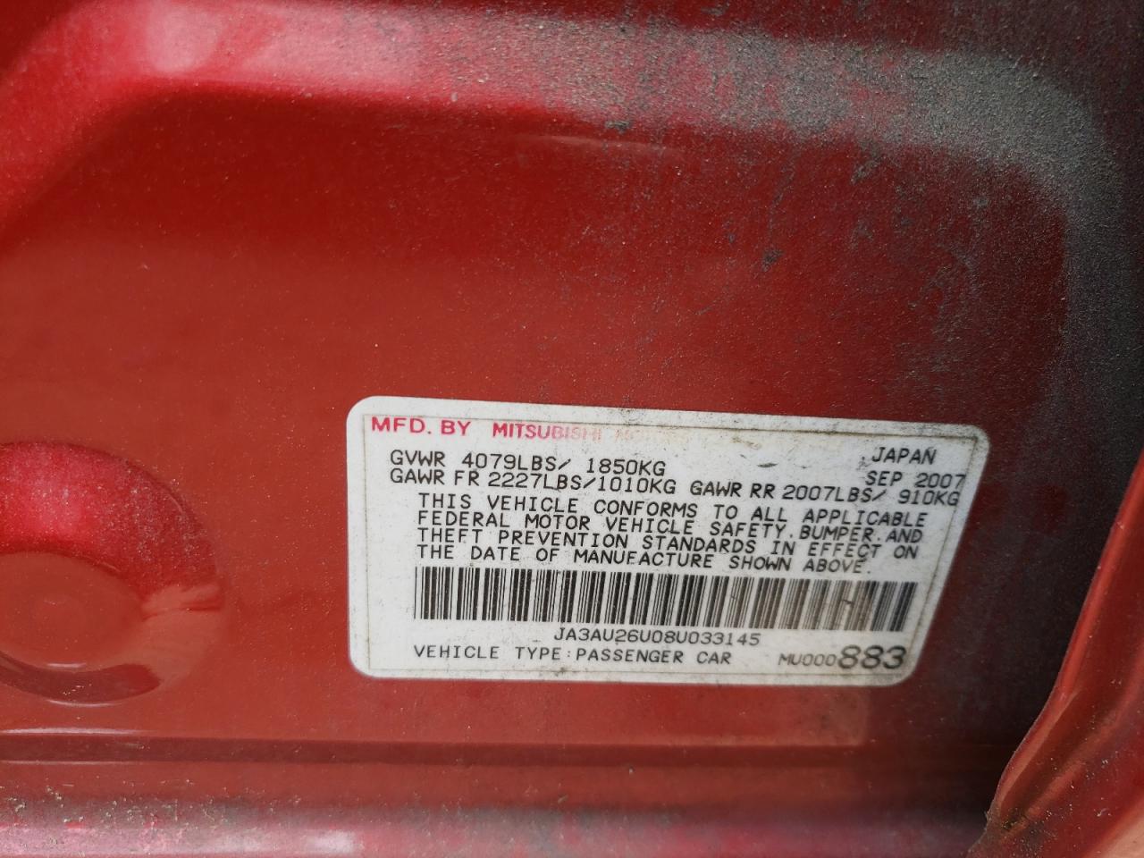 Photo 10 from auction – 2008 MITSUBISHI LANCER ES with VIN JA3AU26U08U033145