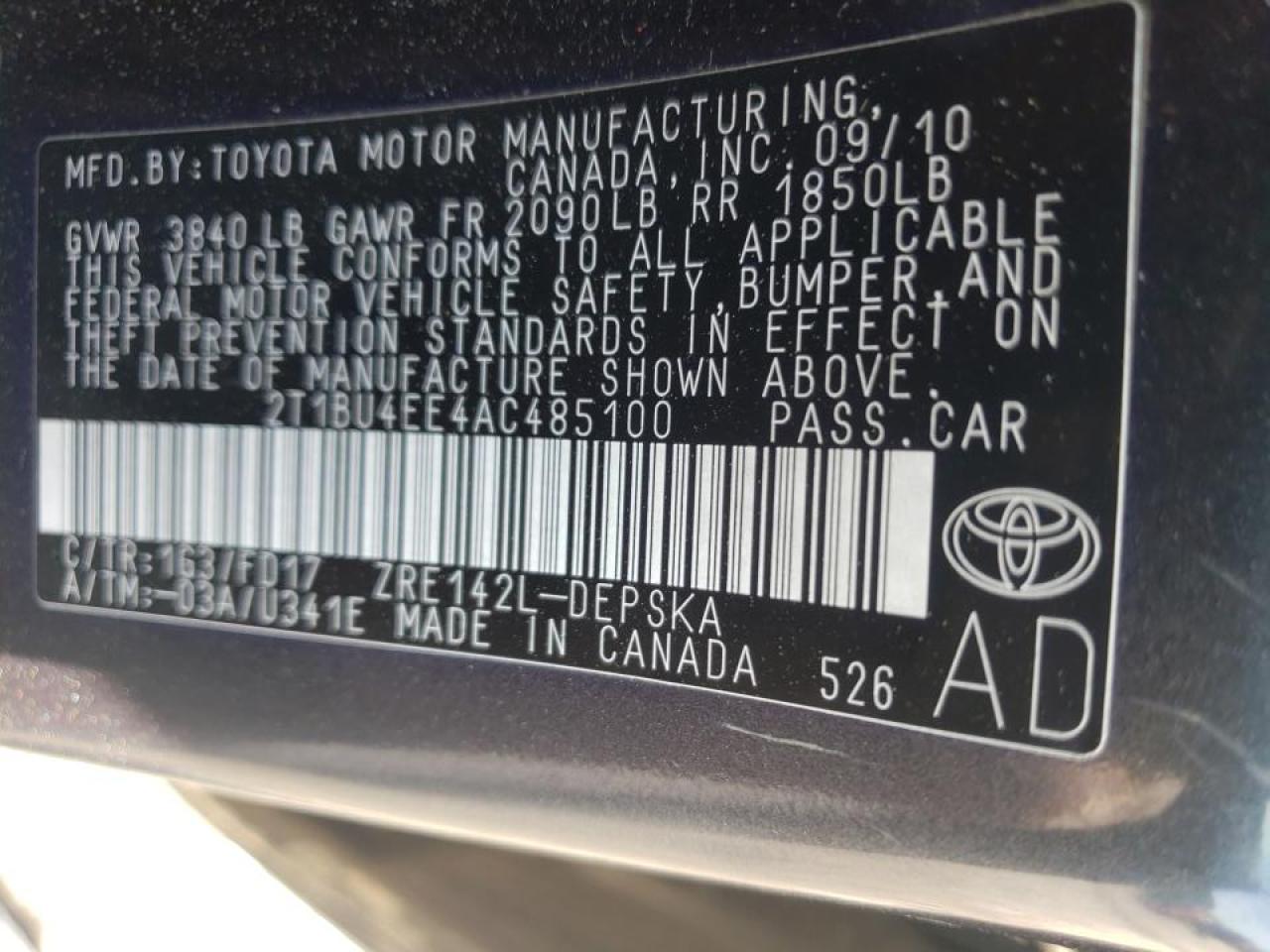 Фото 10 с аукциона – 2010 TOYOTA COROLLA BA с VIN 2T1BU4EE4AC485100