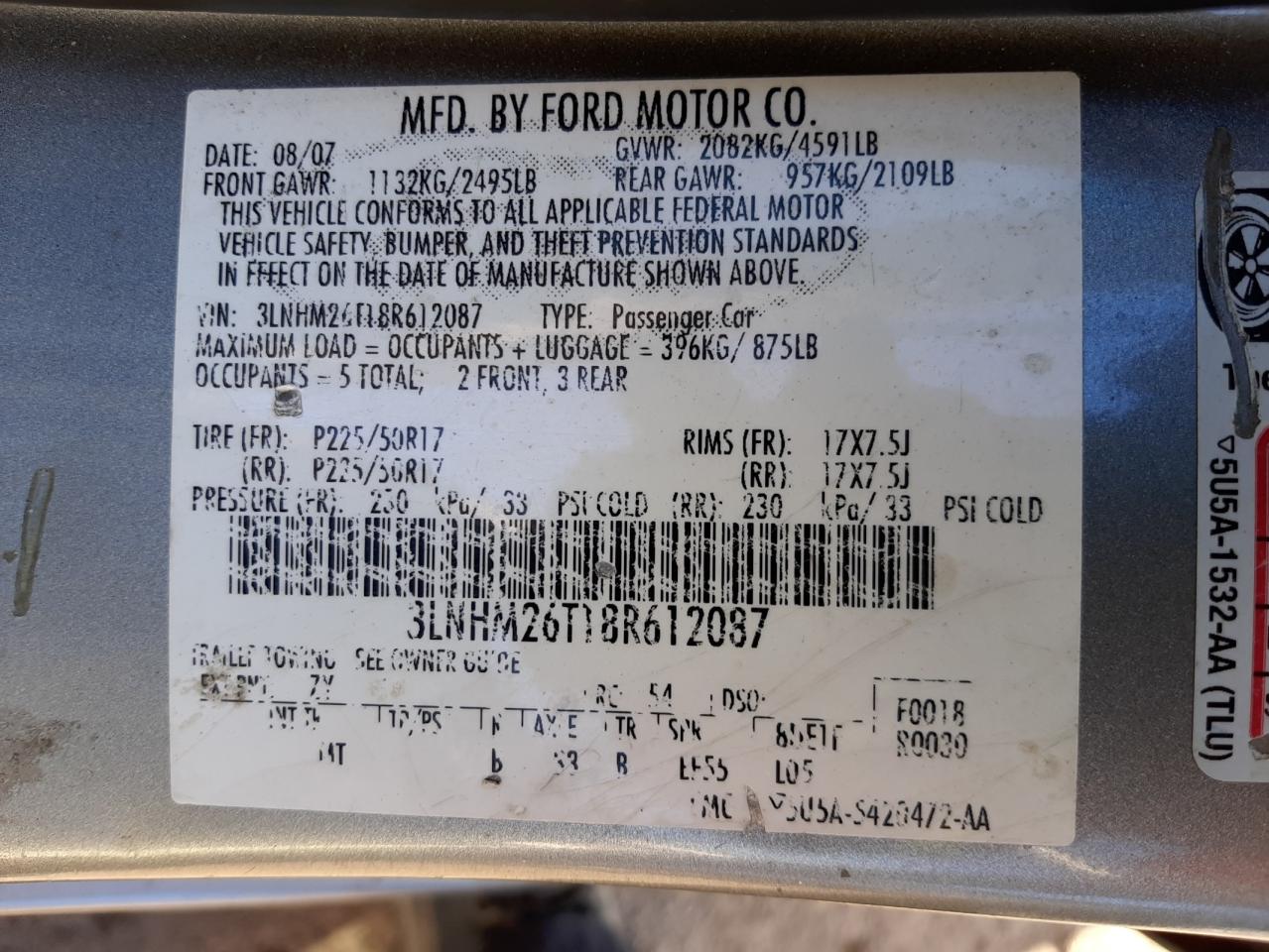 Photo 10 from auction – 2008 LINCOLN MKZ with VIN 3LNHM26T18R612087