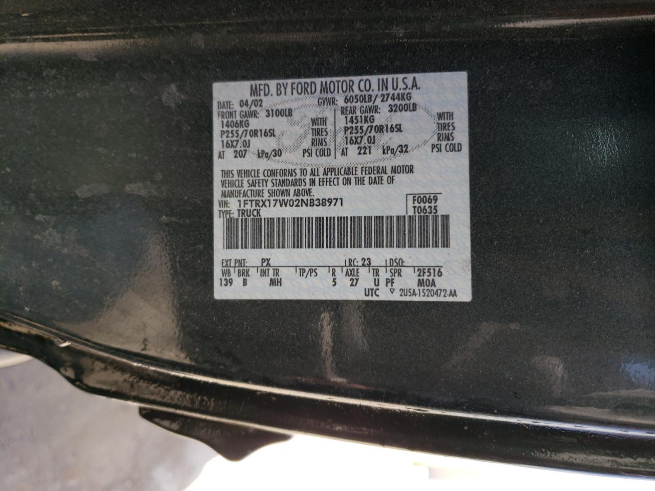 Photo 10 from auction – 2002 FORD F150 with VIN 1FTRX17W02NB38971