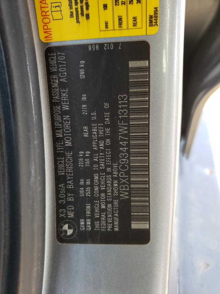 Photo 10 from auction – 2007 BMW X3 3.0SI with VIN WBXPC93447WF13113