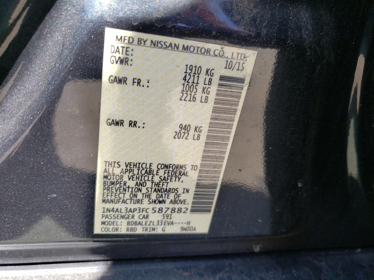 Photo 10 from auction – 2015 NISSAN ALTIMA 2.5 with VIN 1N4AL3AP3FC587882
