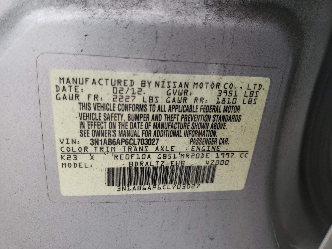 Photo 10 from auction – 2012 NISSAN SENTRA 2.0 with VIN 3N1AB6AP6CL703027
