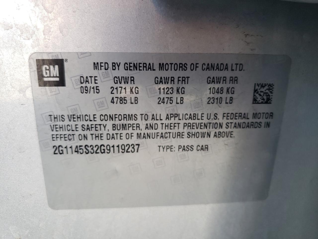 Photo 10 from auction – 2016 CHEVROLET IMPALA LTZ with VIN 2G1145S32G9119237