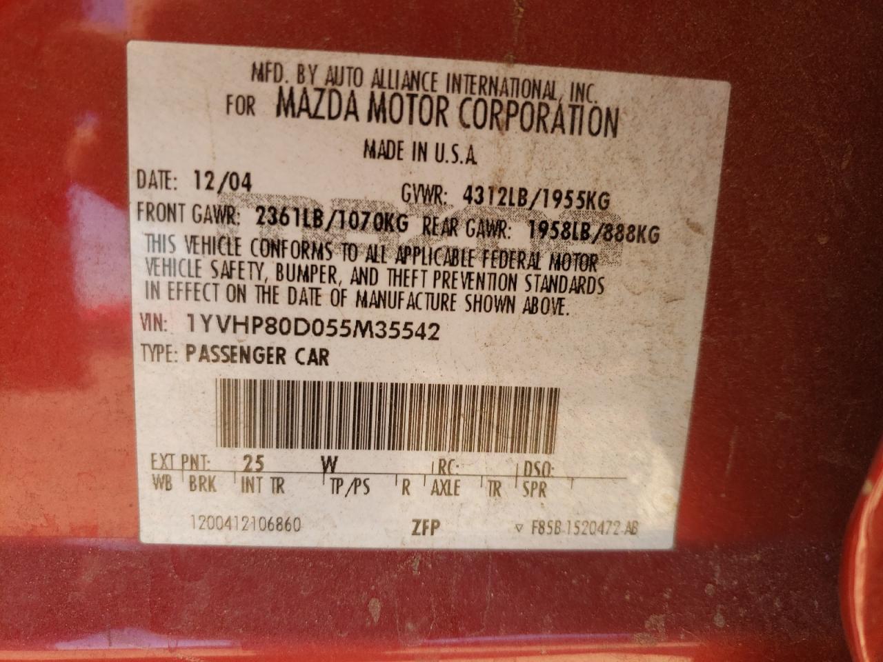 Photo 10 from auction – 2005 MAZDA 6 S with VIN 1YVHP80D055M35542
