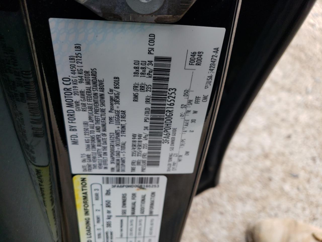 Photo 10 from auction – 2016 FORD FUSION SE with VIN 3FA6P0HD0GR165253