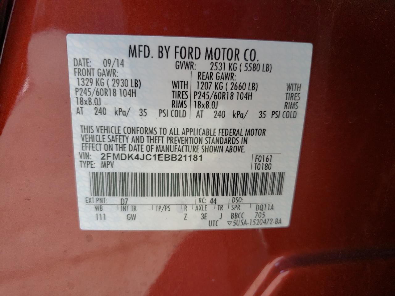 Photo 10 from auction – 2014 FORD EDGE SEL with VIN 2FMDK4JC1EBB21181