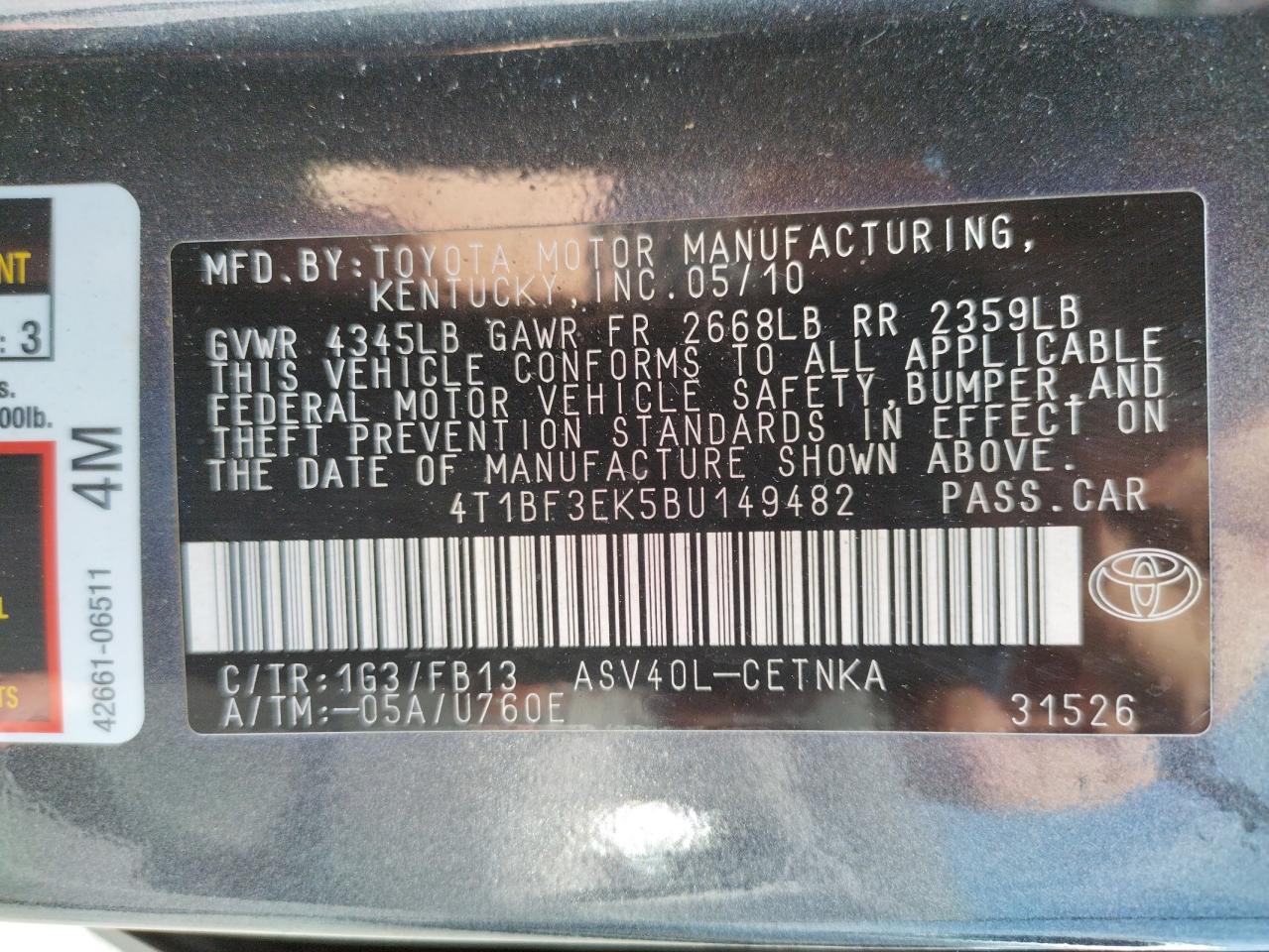 Photo 10 from auction – 2011 TOYOTA CAMRY BASE with VIN 4T1BF3EK5BU149482