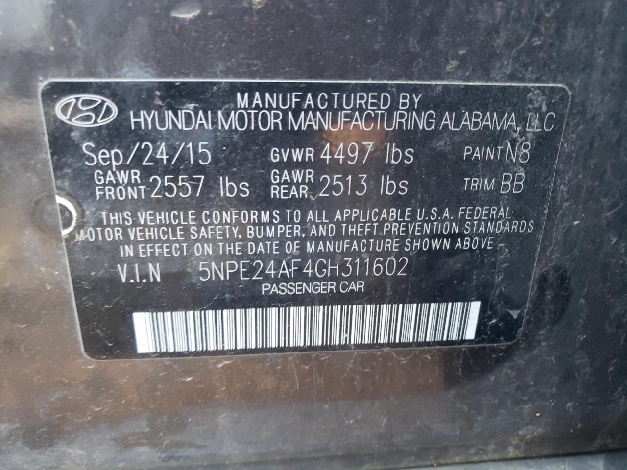 Photo 10 from auction – 2016 HYUNDAI SONATA SE with VIN 5NPE24AF4GH311602