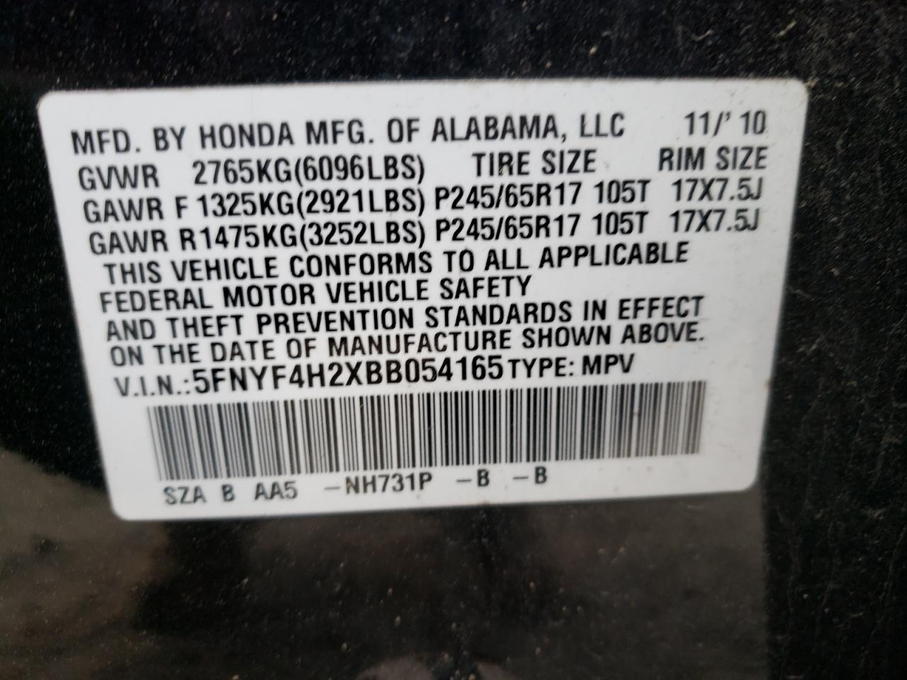 Photo 10 from auction – 2011 HONDA PILOT LX with VIN 5FNYF4H2XBB054165