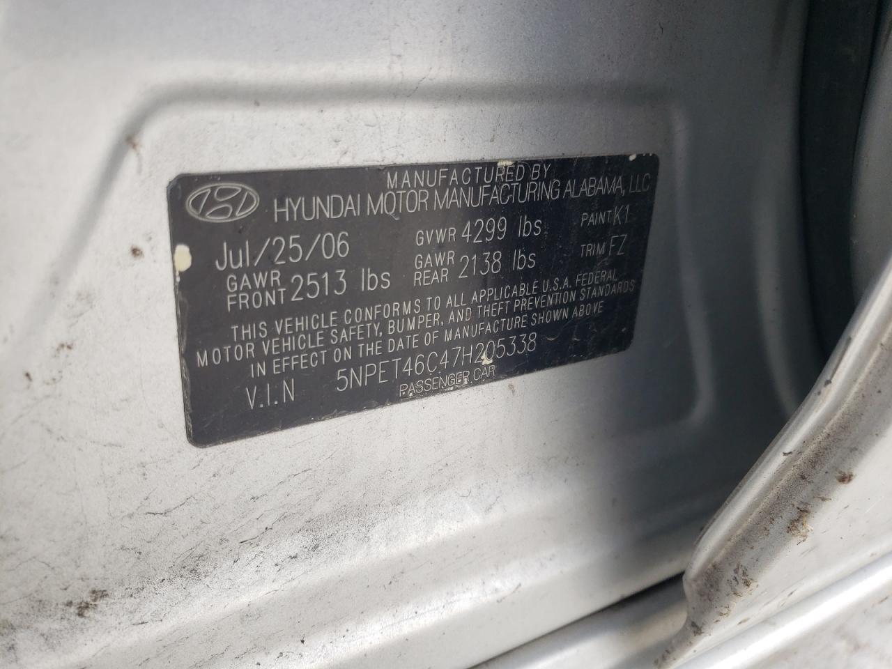 Photo 10 from auction – 2007 HYUNDAI SONATA GLS with VIN 5NPET46C47H205338