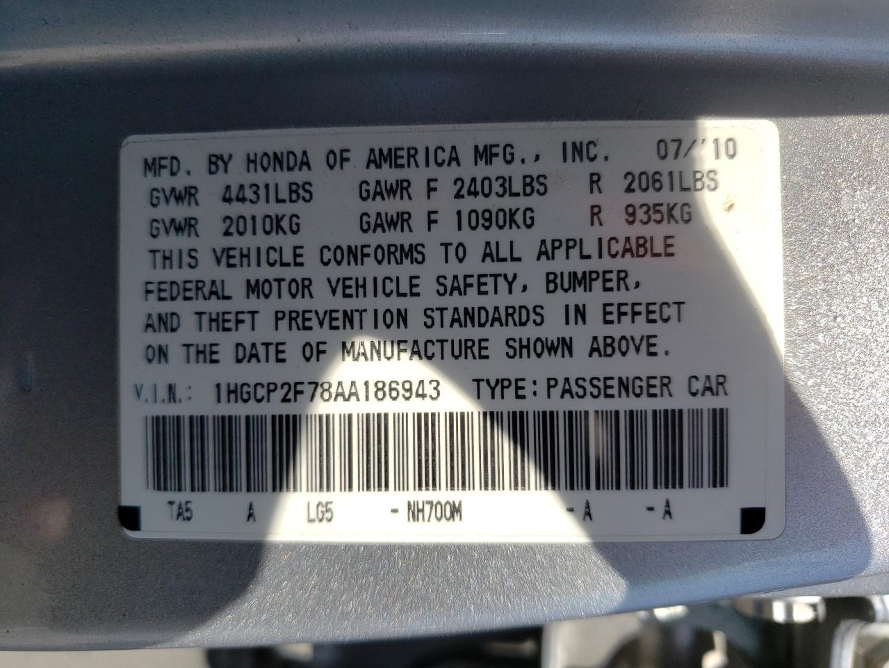 Photo 10 from auction – 2010 HONDA ACCORD EX with VIN 1HGCP2F78AA186943