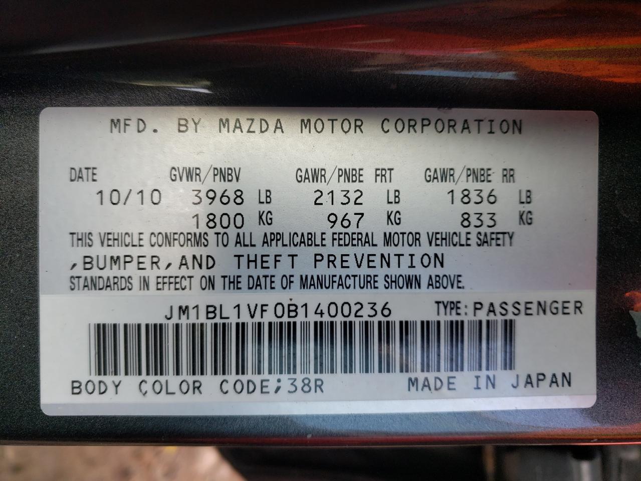 Photo 10 from auction – 2011 MAZDA 3 I with VIN JM1BL1VF0B1400236