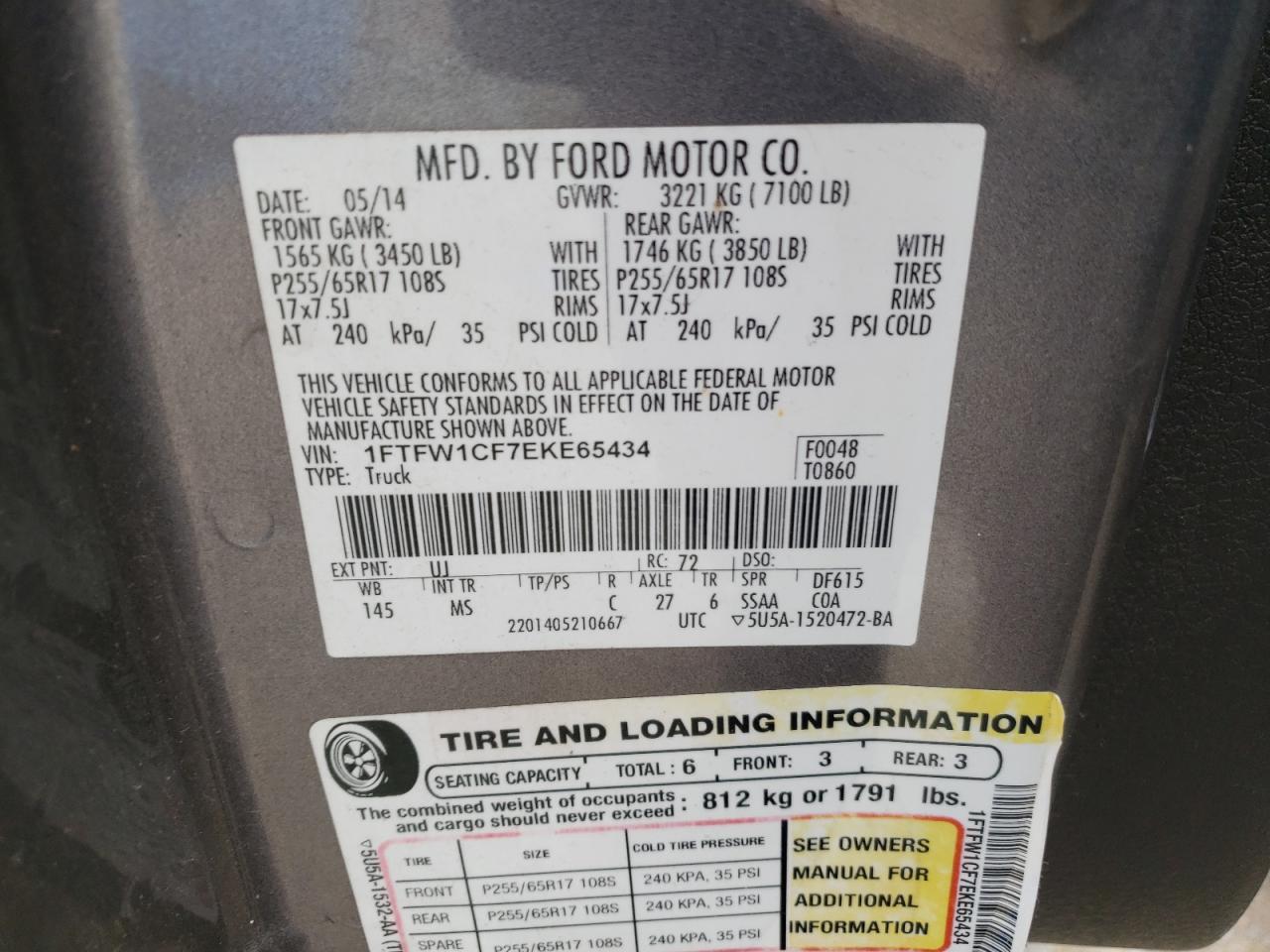 Photo 10 from auction – 2014 FORD F150 SUPER with VIN 1FTFW1CF7EKE65434