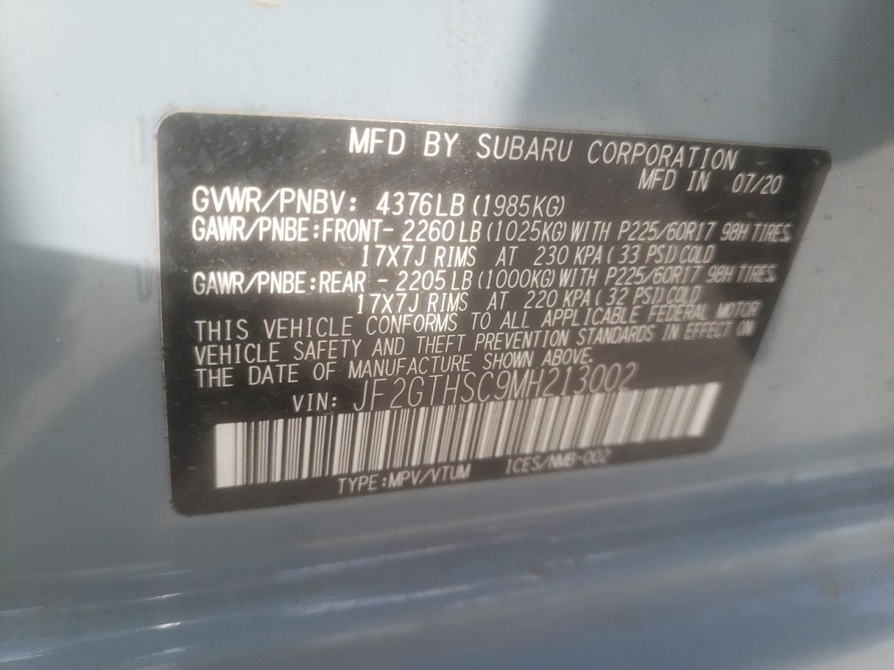 Photo 10 from auction – 2021 SUBARU CROSSTREK with VIN JF2GTHSC9MH213002