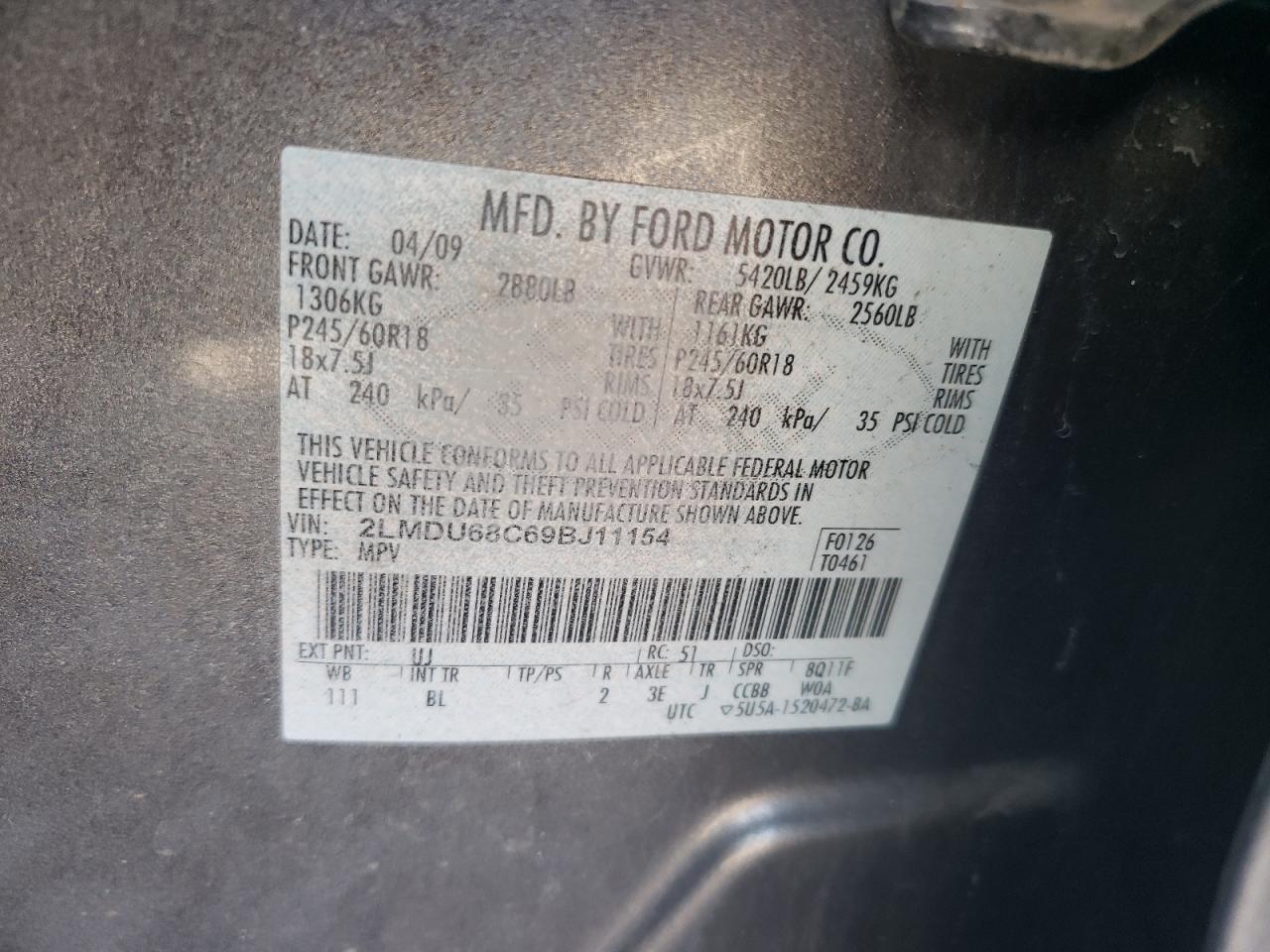 Foto 10 de la subasta – 2009 LINCOLN MKX con VIN 2LMDU68C69BJ11154