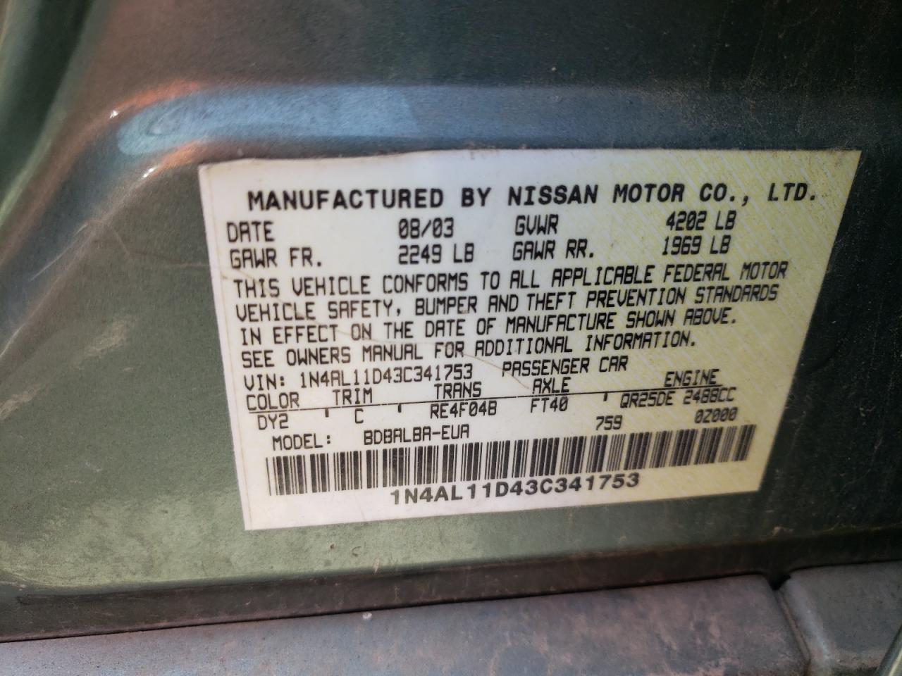 Photo 10 from auction – 2003 NISSAN ALTIMA BAS with VIN 1N4AL11D43C341753