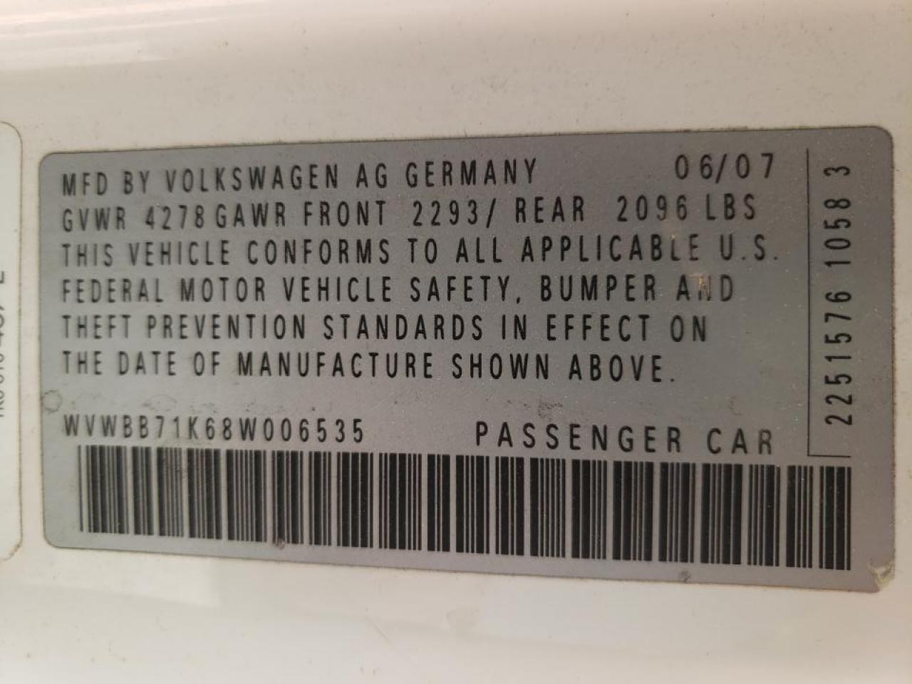 Photo 10 from auction – 2008 VOLKSWAGEN RABBIT with VIN WVWBB71K68W006535