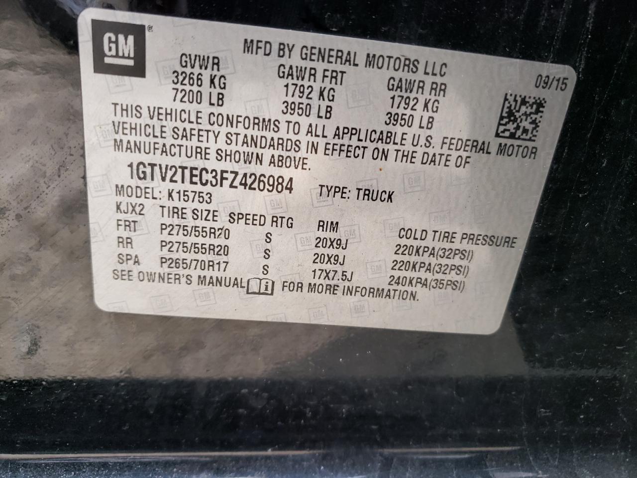 Photo 10 from auction – 2015 GMC SIERRA K15 with VIN 1GTV2TEC3FZ426984