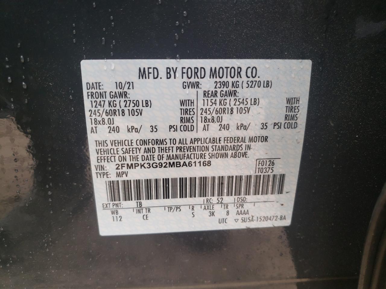 Photo 10 from auction – 2021 FORD EDGE SE with VIN 2FMPK3G92MBA61168