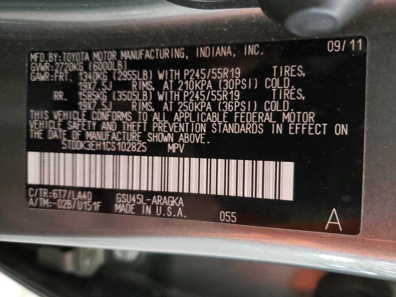 Photo 10 from auction – 2012 TOYOTA HIGHLANDER with VIN 5TDDK3EH1CS102825