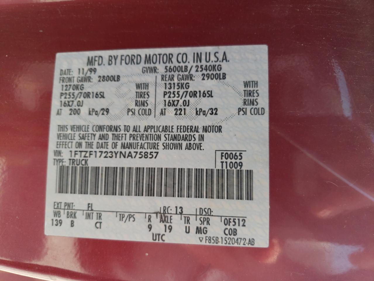 Photo 10 from auction – 2000 FORD F150 with VIN 1FTZF1723YNA75857