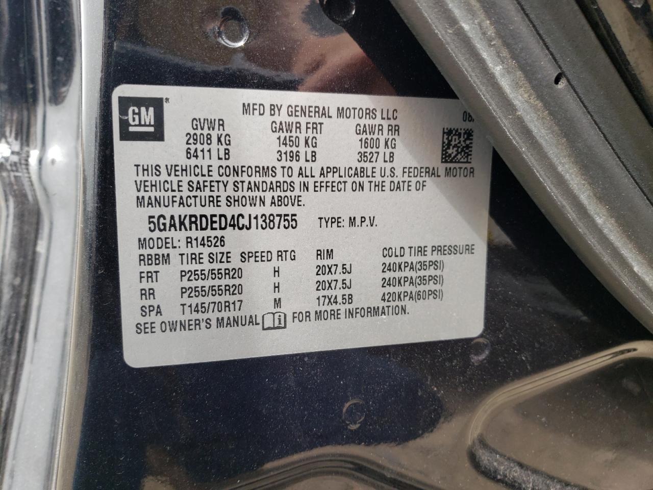 Photo 10 from auction – 2012 BUICK ENCLAVE with VIN 5GAKRDED4CJ138755