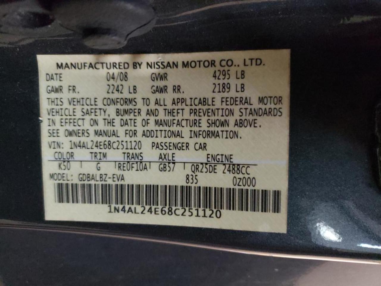 Photo 10 from auction – 2008 NISSAN ALTIMA 2.5 with VIN 1N4AL24E68C251120