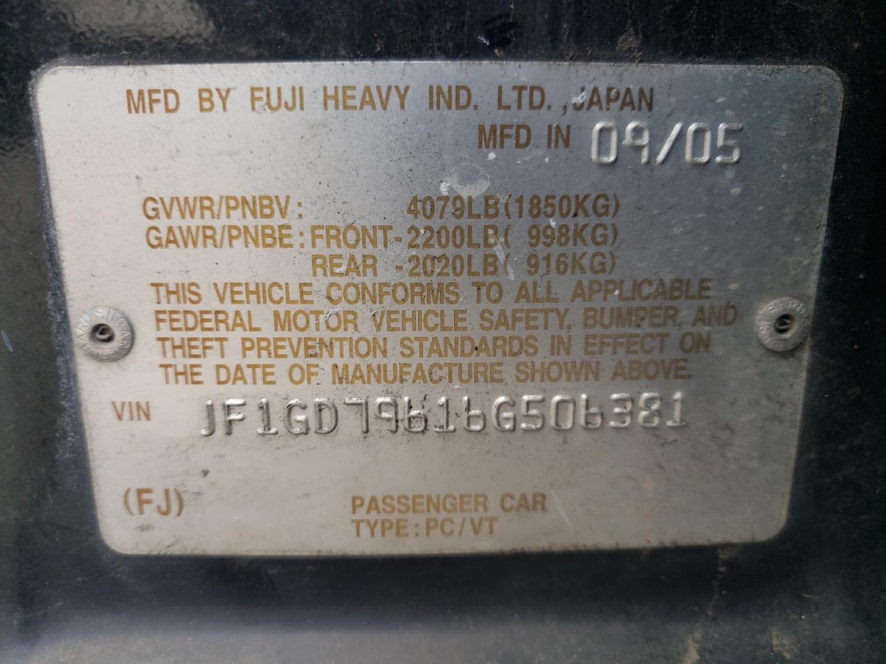 Photo 10 from auction – 2006 SUBARU IMPREZA WR with VIN JF1GD79616G506381