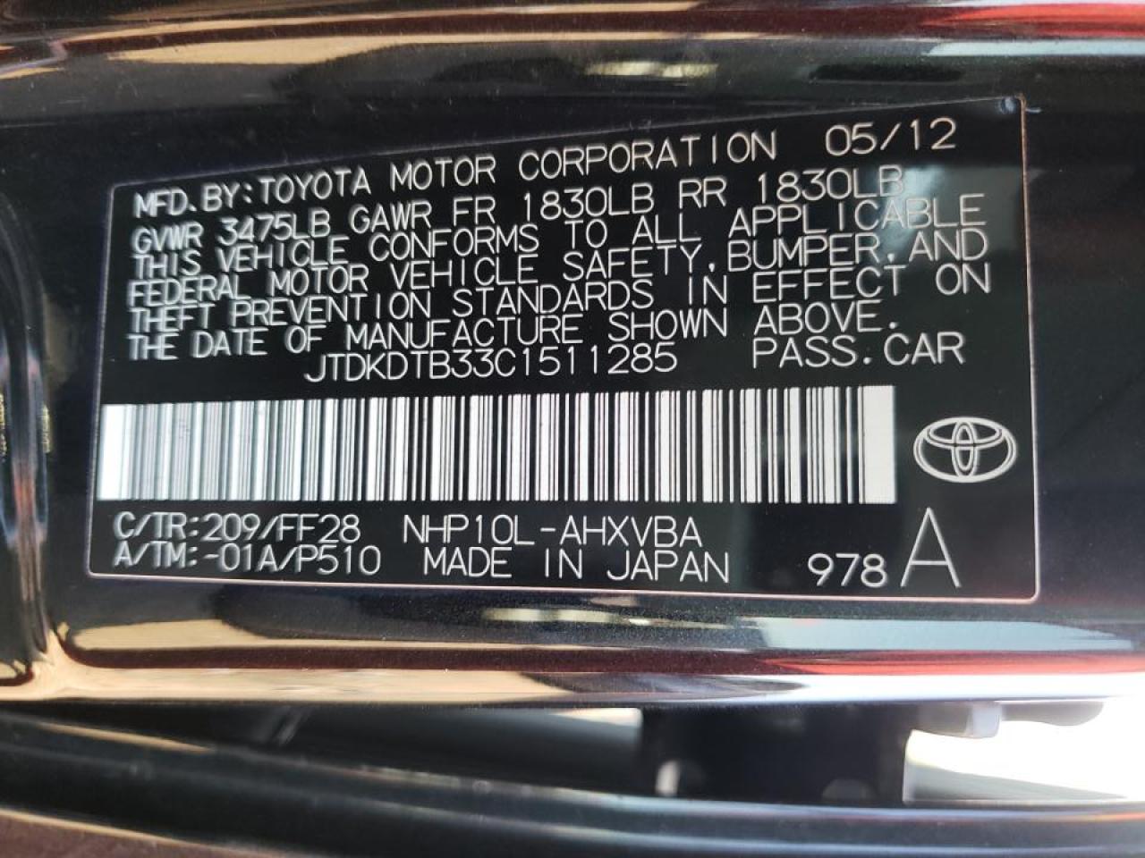 Photo 10 from auction – 2012 TOYOTA PRIUS C with VIN JTDKDTB33C1511285