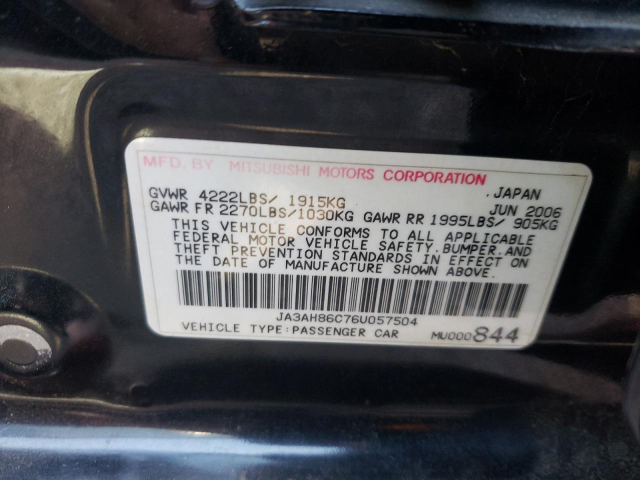 Photo 10 from auction – 2006 MITSUBISHI LANCER EVO with VIN JA3AH86C76U057504
