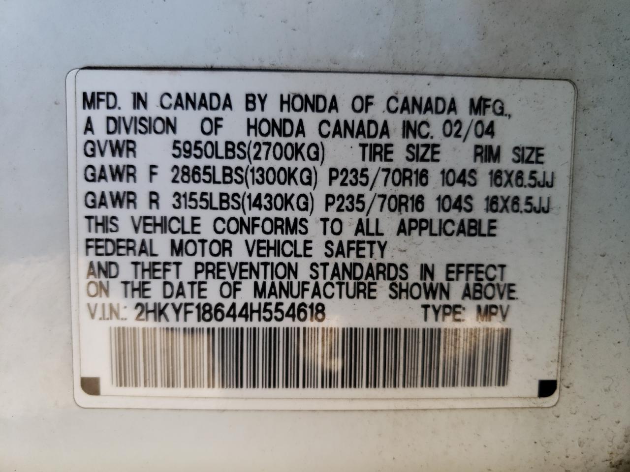Photo 10 from auction – 2004 HONDA PILOT EXL with VIN 2HKYF18644H554618