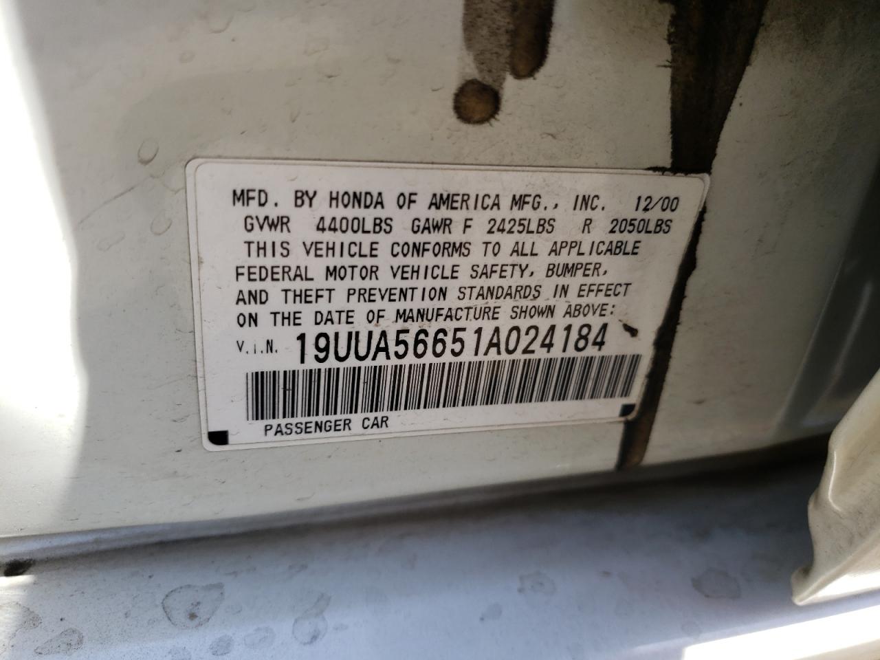 Photo 10 from auction – 2001 ACURA 3.2TL with VIN 19UUA56651A024184