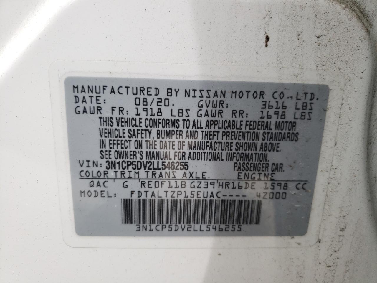 Photo 10 from auction – 2020 NISSAN KICKS SR with VIN 3N1CP5DV2LL546255