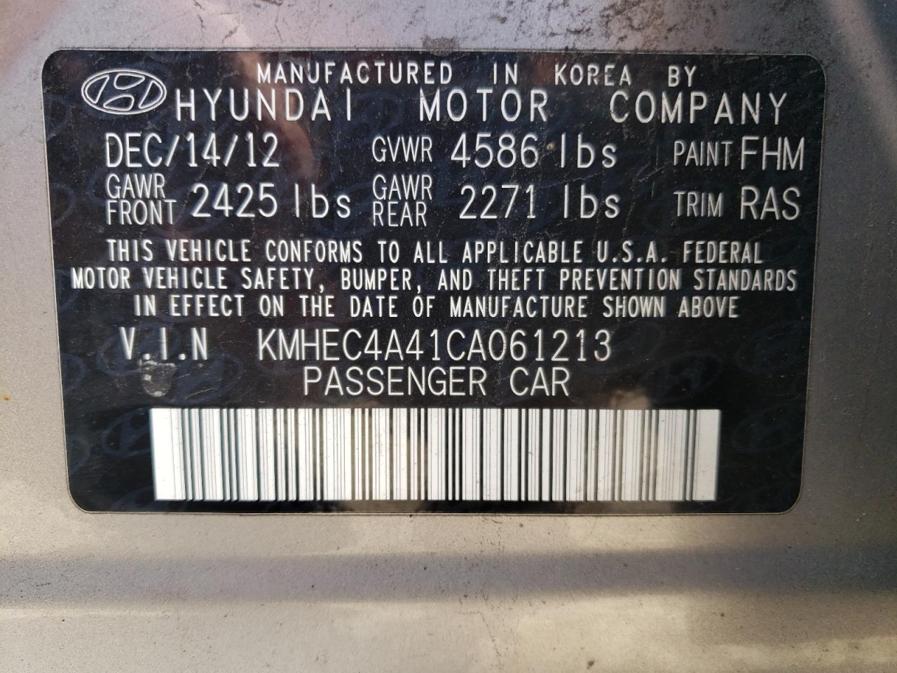 Photo 10 from auction – 2012 HYUNDAI SONATA HYB with VIN KMHEC4A41CA061213