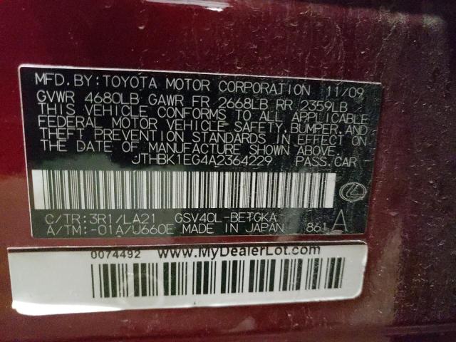 Photo 10 from auction – 2010 LEXUS ES 350 with VIN JTHBK1EG4A2364229