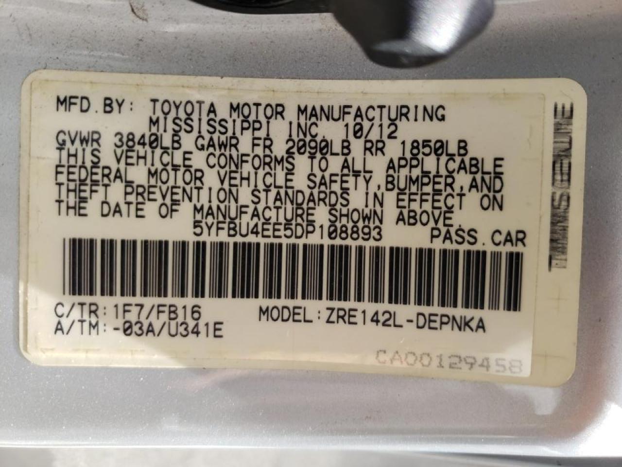 Photo 10 from auction – 2013 TOYOTA COROLLA BA with VIN 5YFBU4EE5DP108893