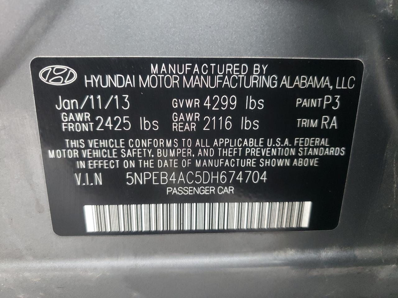 Photo 10 from auction – 2013 HYUNDAI SONATA GLS with VIN 5NPEB4AC5DH674704
