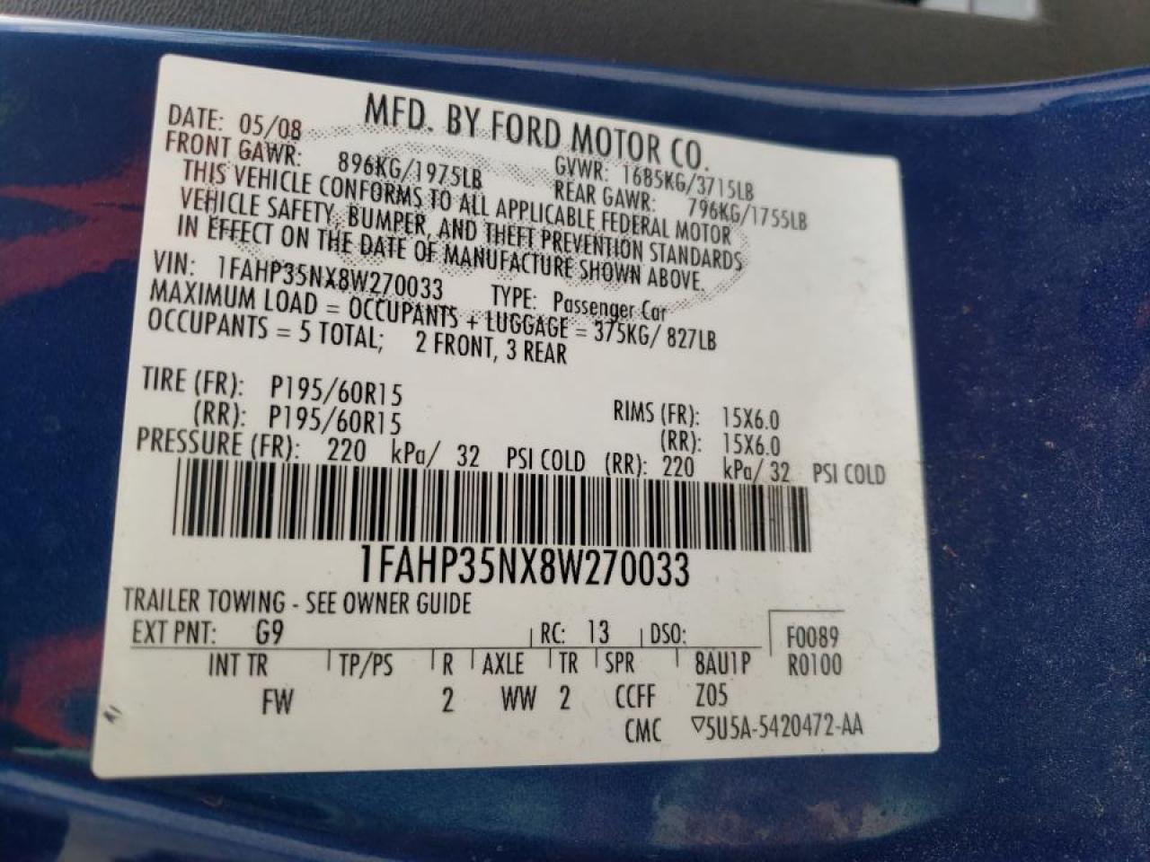Photo 10 from auction – 2008 FORD FOCUS SE with VIN 1FAHP35NX8W270033
