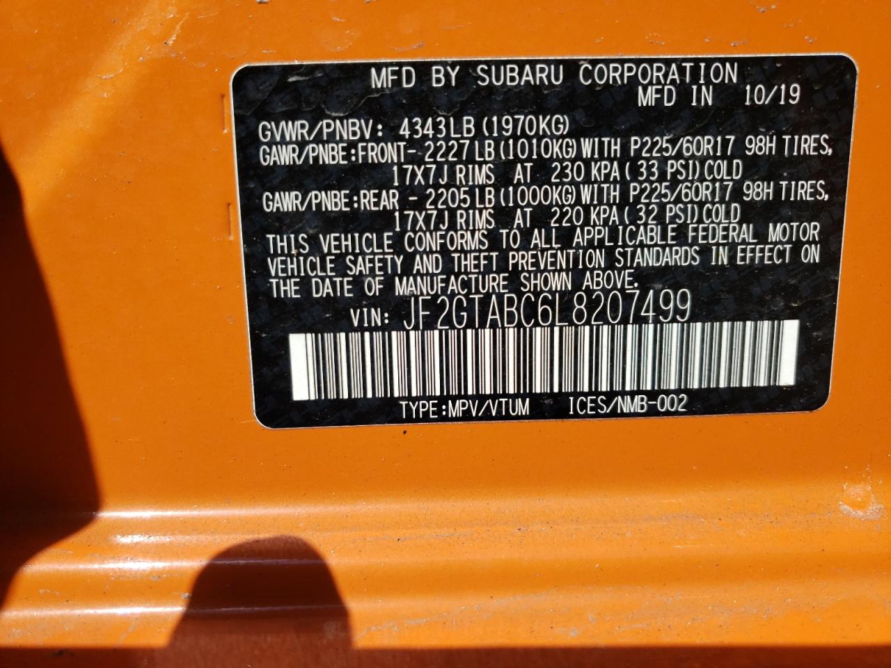 Photo 10 from auction – 2020 SUBARU CROSSTREK with VIN JF2GTABC6L8207499