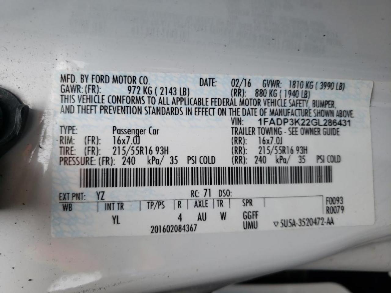 Photo 10 from auction – 2016 FORD FOCUS SE with VIN 1FADP3K22GL286431
