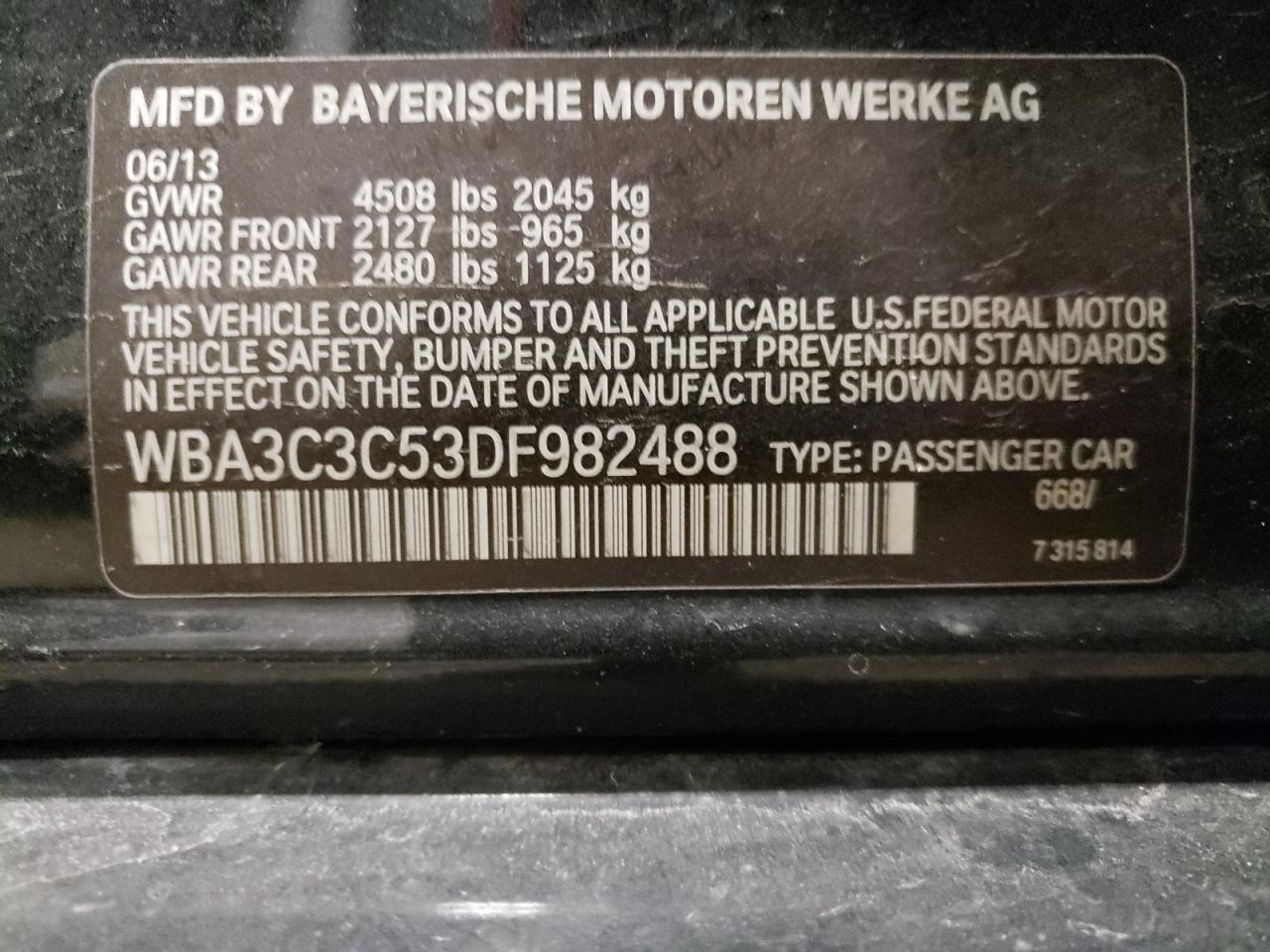 Photo 10 from auction – 2013 BMW 320 I XDRI with VIN WBA3C3C53DF982488