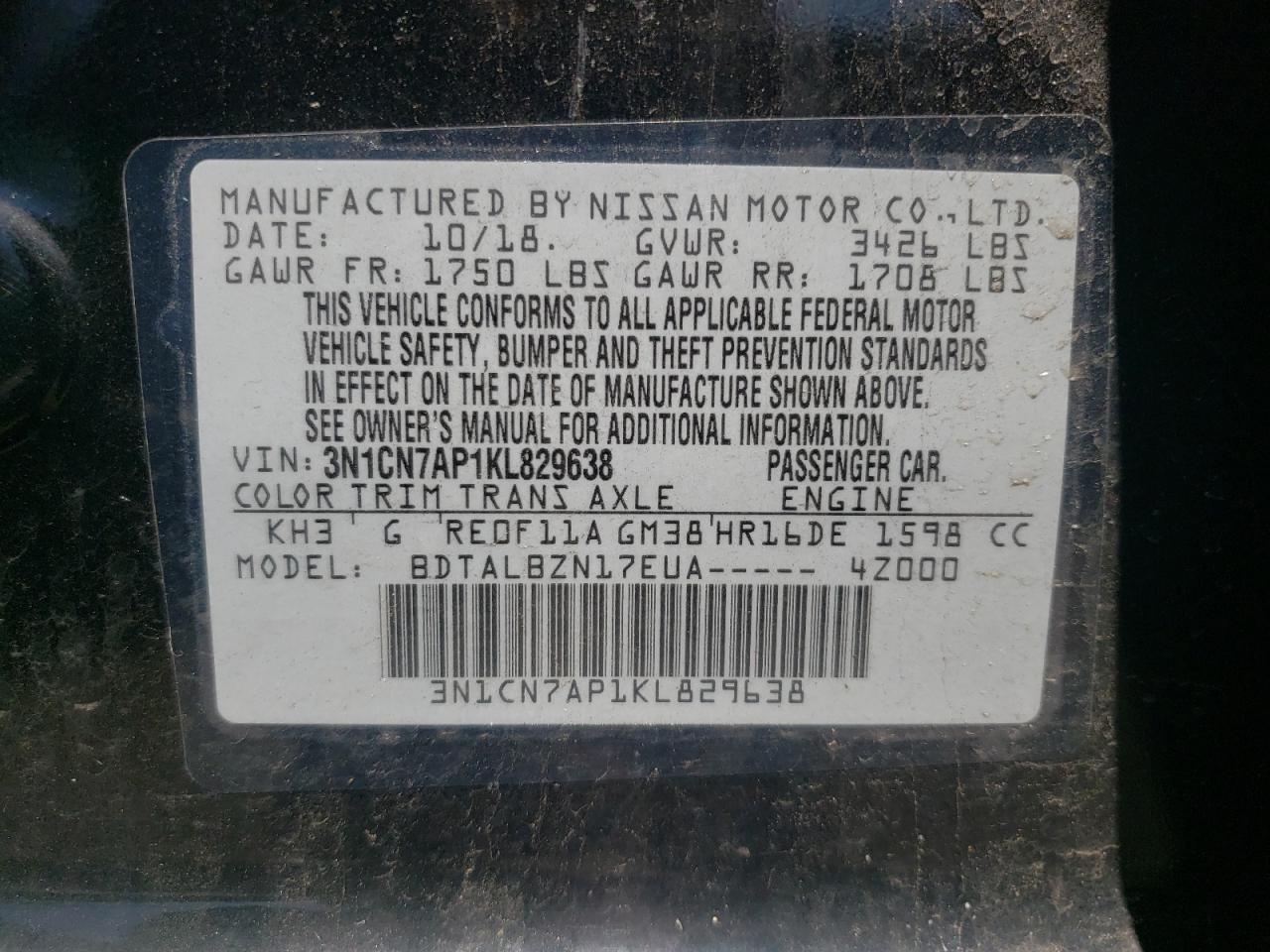Photo 10 from auction – 2019 NISSAN VERSA S with VIN 3N1CN7AP1KL829638