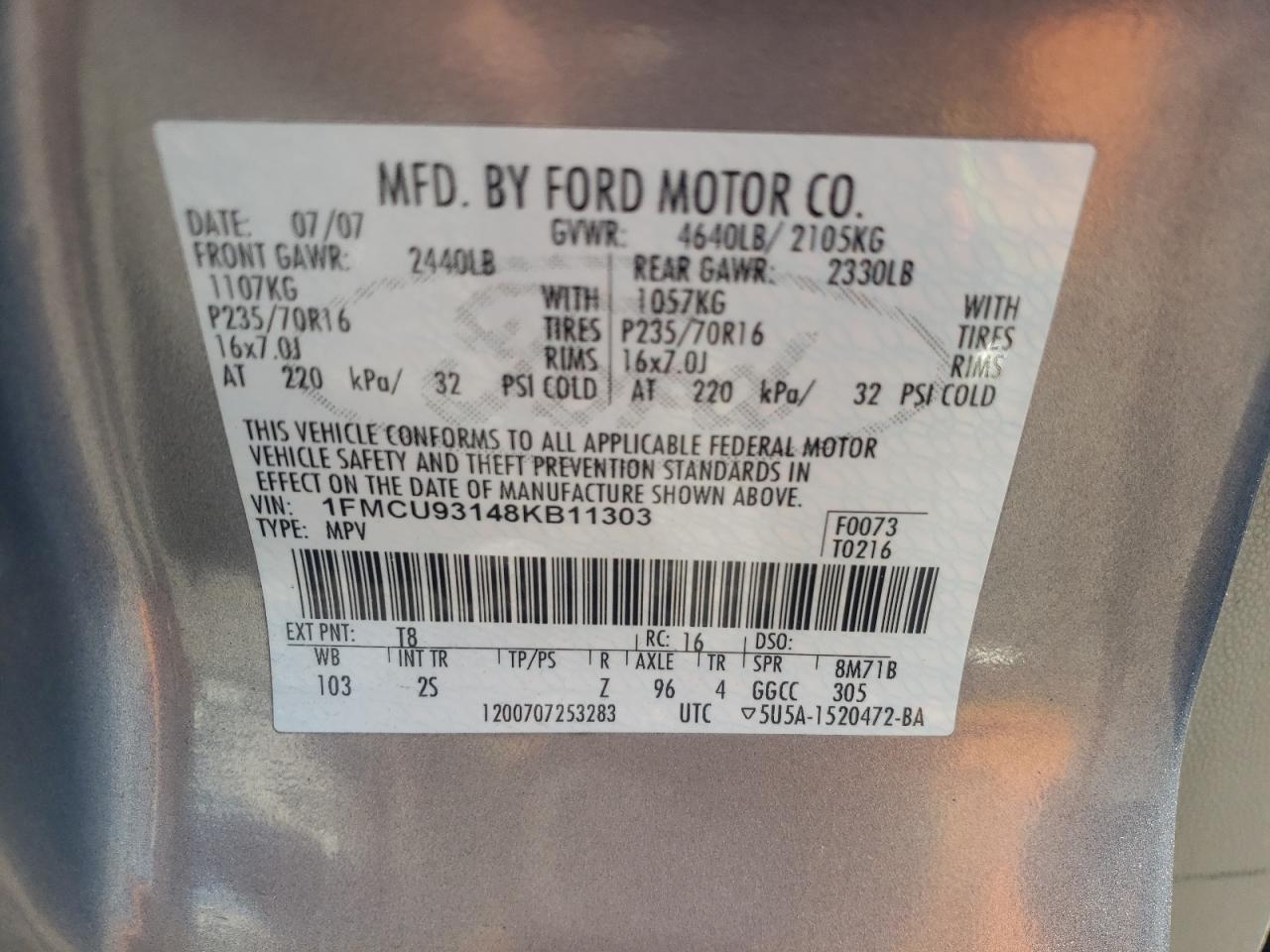 Photo 10 from auction – 2008 FORD ESCAPE XLT with VIN 1FMCU93148KB11303