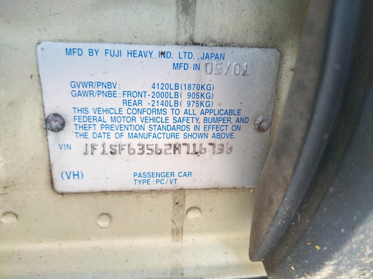 Photo 10 from auction – 2002 SUBARU FORESTER L with VIN JF1SF63562H716736