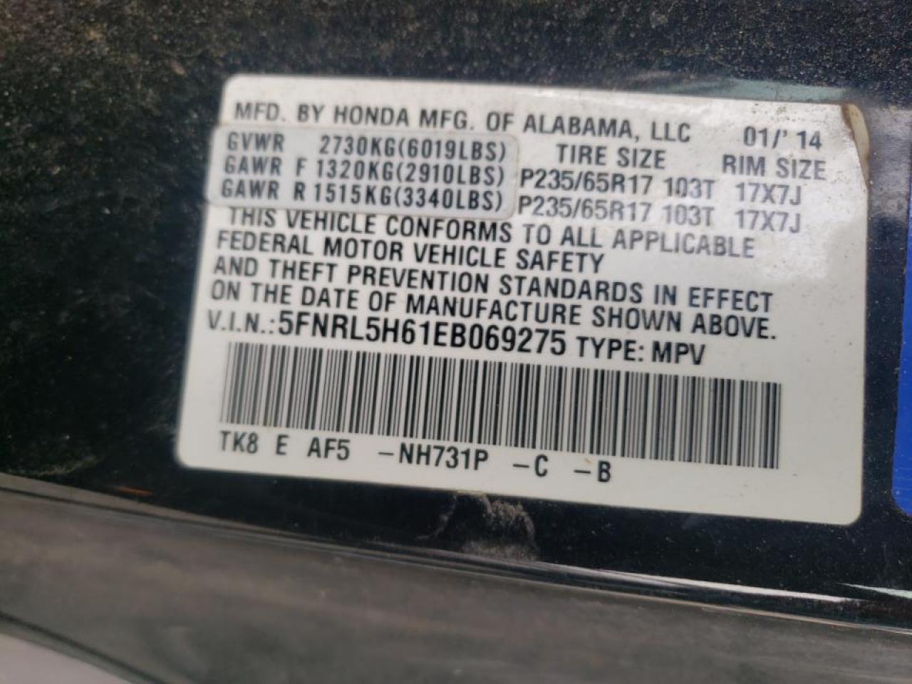 Photo 10 from auction – 2014 HONDA ODYSSEY EX with VIN 5FNRL5H61EB069275