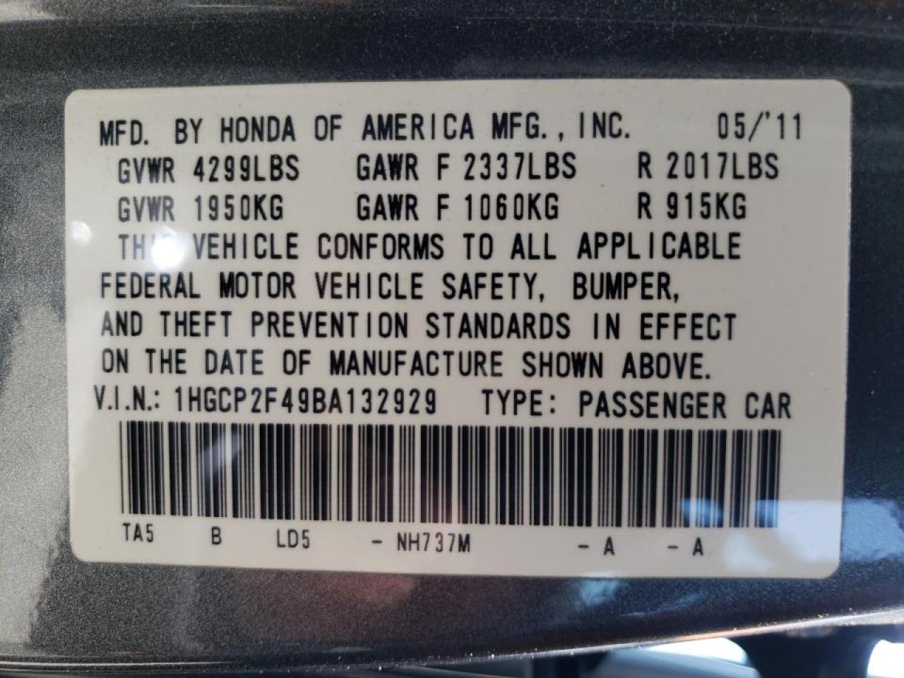 Photo 10 from auction – 2011 HONDA ACCORD LXP with VIN 1HGCP2F49BA132929