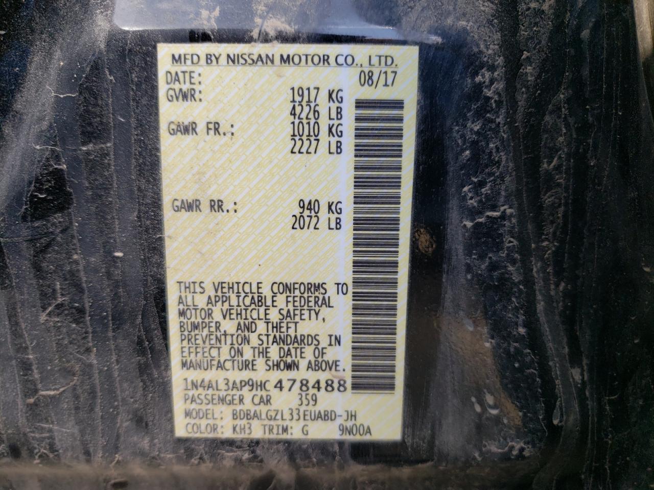Photo 10 from auction – 2017 NISSAN ALTIMA 2.5 with VIN 1N4AL3AP9HC478488