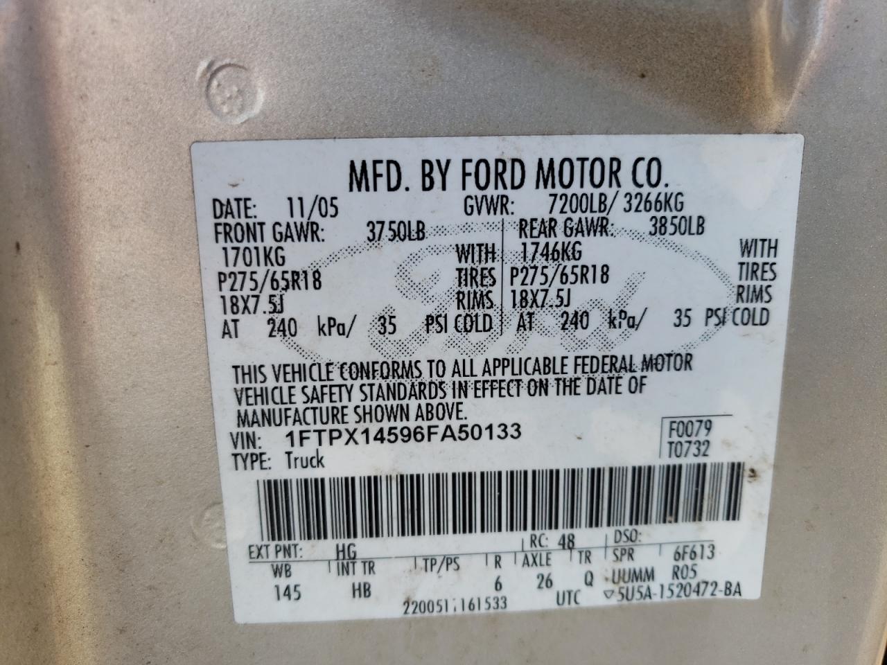 Photo 10 from auction – 2006 FORD F150 with VIN 1FTPX14596FA50133