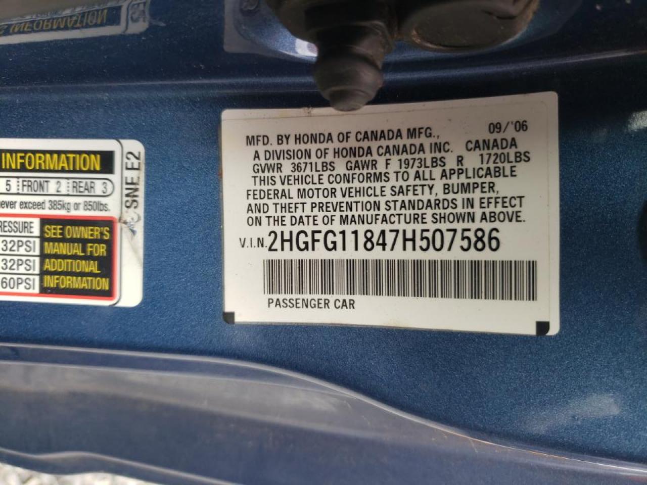 Photo 10 from auction – 2007 HONDA CIVIC EX with VIN 2HGFG11847H507586